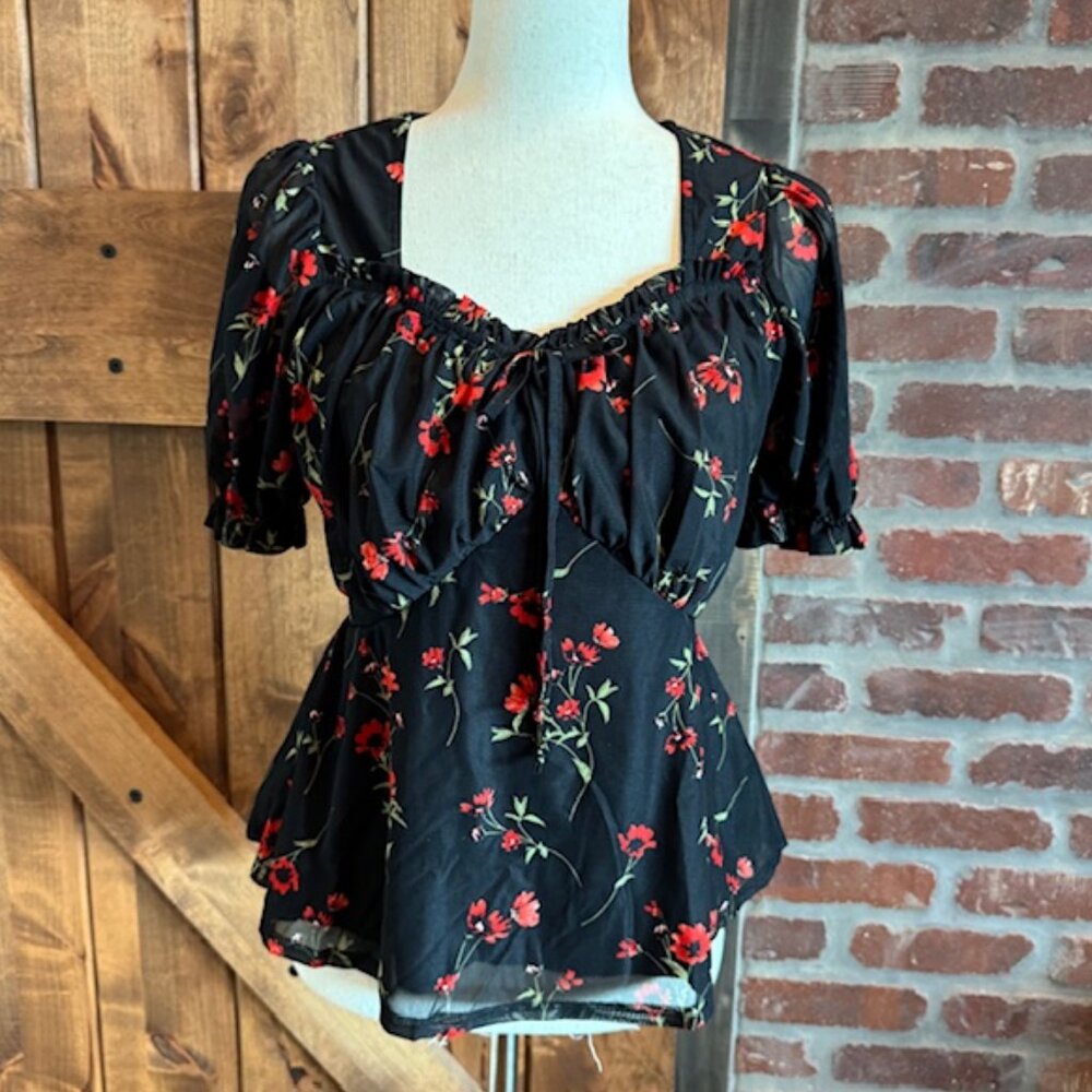 Black Floral Puff Sleeve Peplum Top Women’s Size Small
